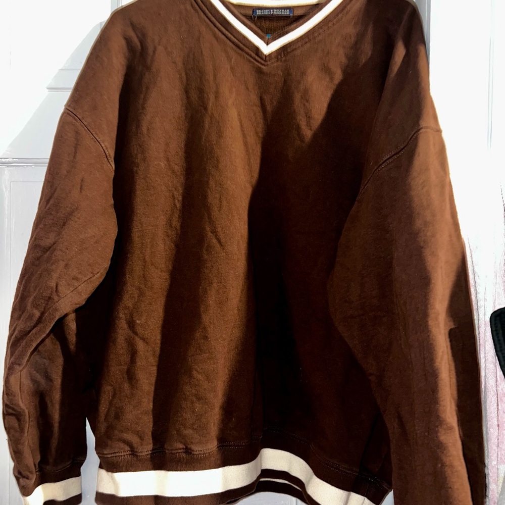 Brandy Melville Brown Oversized Varsity V-Neck Pullover Sweatshirt